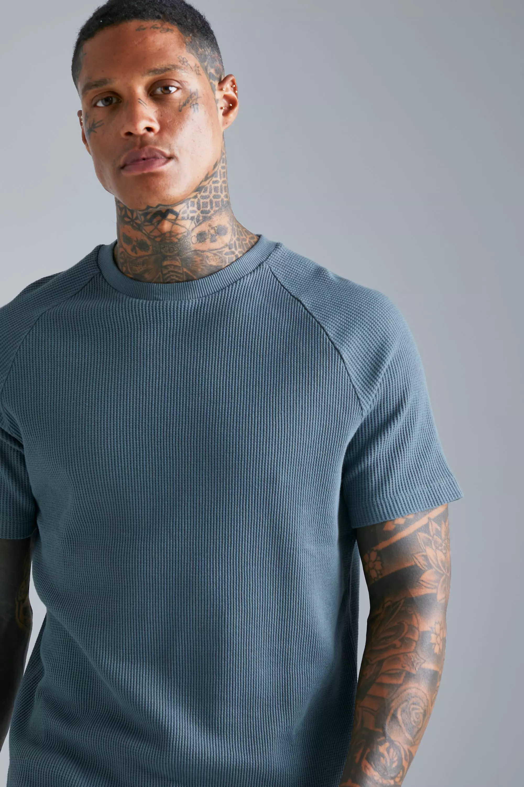 Slim Fit Waffle Raglan T-shirt And Short Set | boohooMAN USA